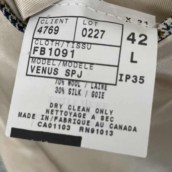 Faconnable Wool Silk Windowpane Houndstooth Blazer Tan Navy Green Men’s Sz 42L - Picture 13 of 13